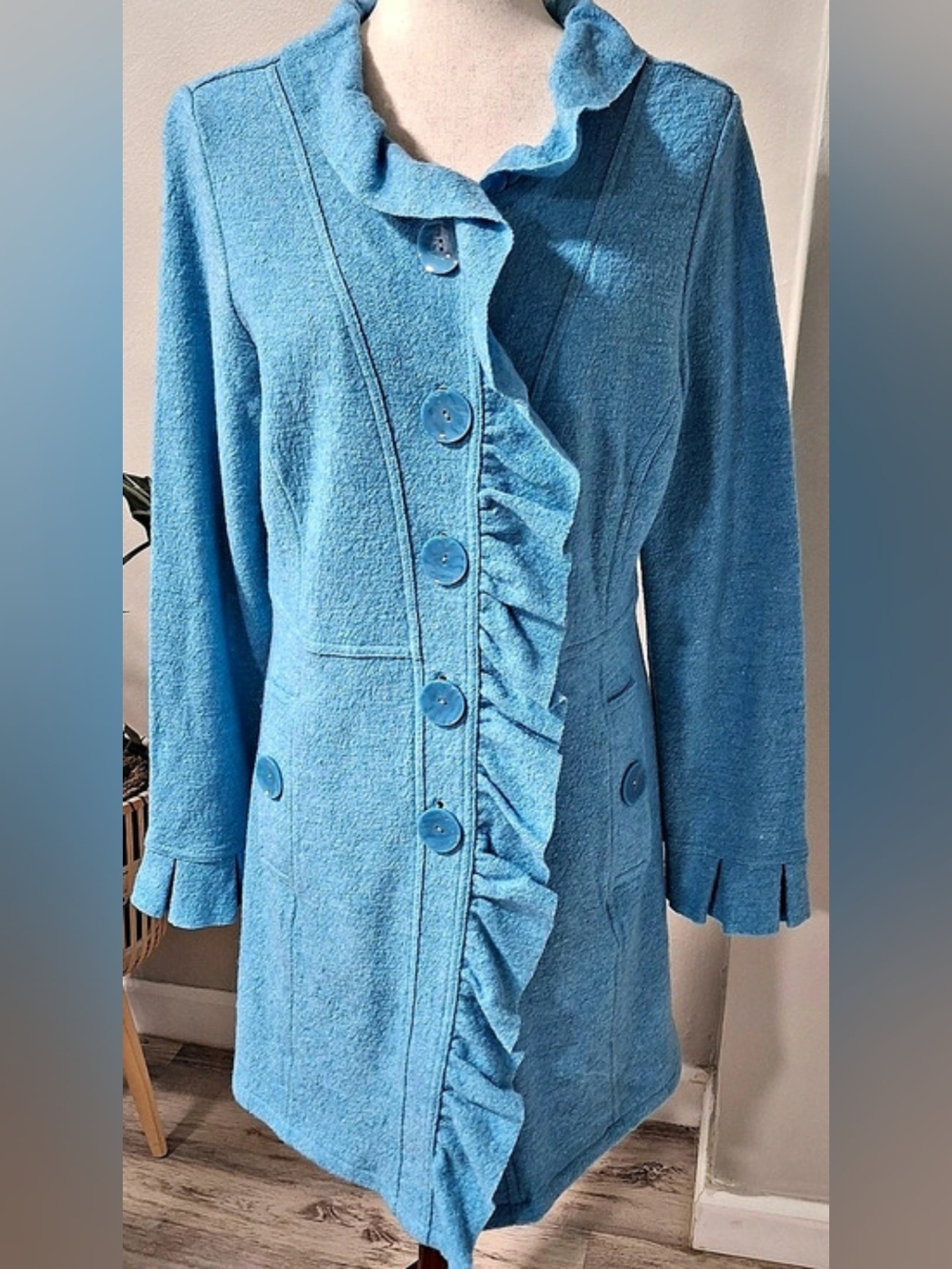 Renuar Ruffle Coat R3819 Women's M Breeze Blue Knit Sweater Coat Unworn